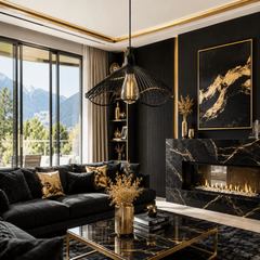 Plafonnier design noir et or suspendu dans un salon élégant avec mobilier noir et accents dorés, ambiance cosy et sophistiquée