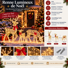 Infographie présentant les caractéristiques, dimensions et matériaux du renne lumineux de Noël.