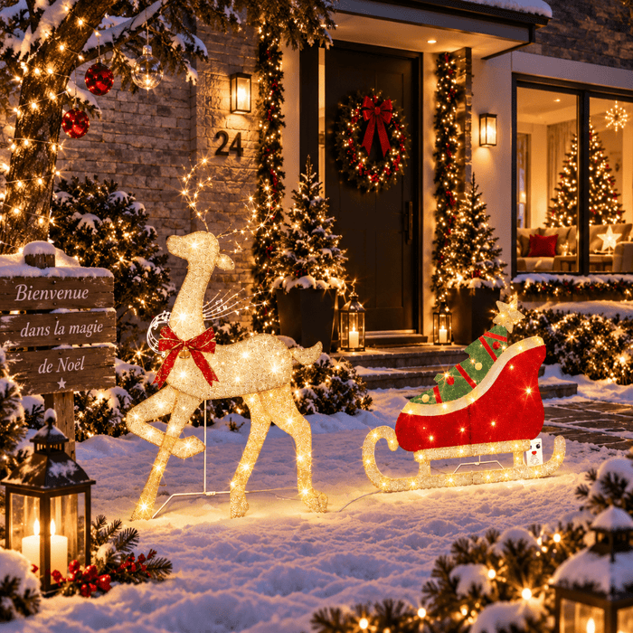 Renne lumineux de Noël avec traîneau illuminé pour extérieur