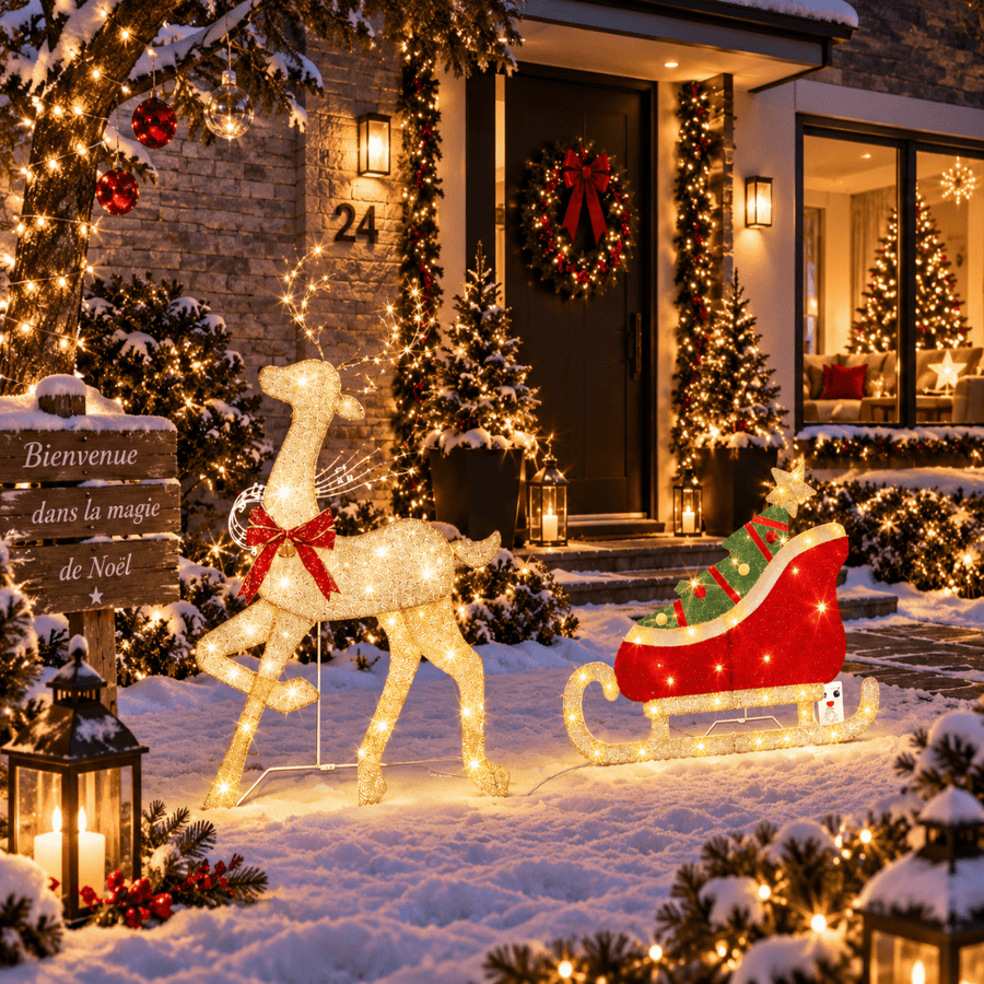 Renne lumineux de Noël avec traîneau illuminé pour extérieur