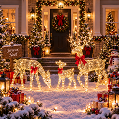 Rennes LED avec nœuds rouges installés dans un jardin pour une décoration extérieure de Noël.