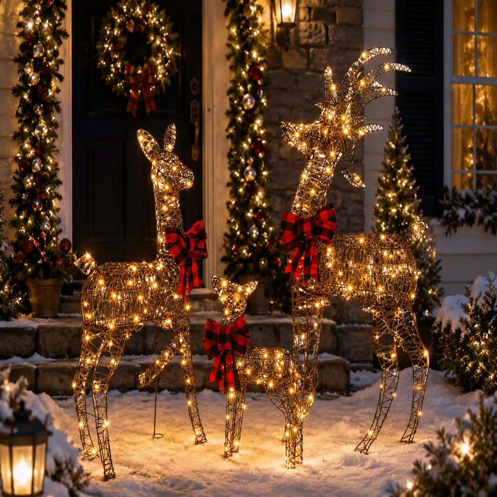 Rennes Lumineux de Noël Extérieur en rotin – Famille de 3 Cerfs LED