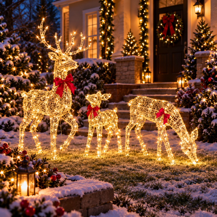 Trois rennes lumineux décorent un jardin enneigé devant une façade illuminée pour Noël.