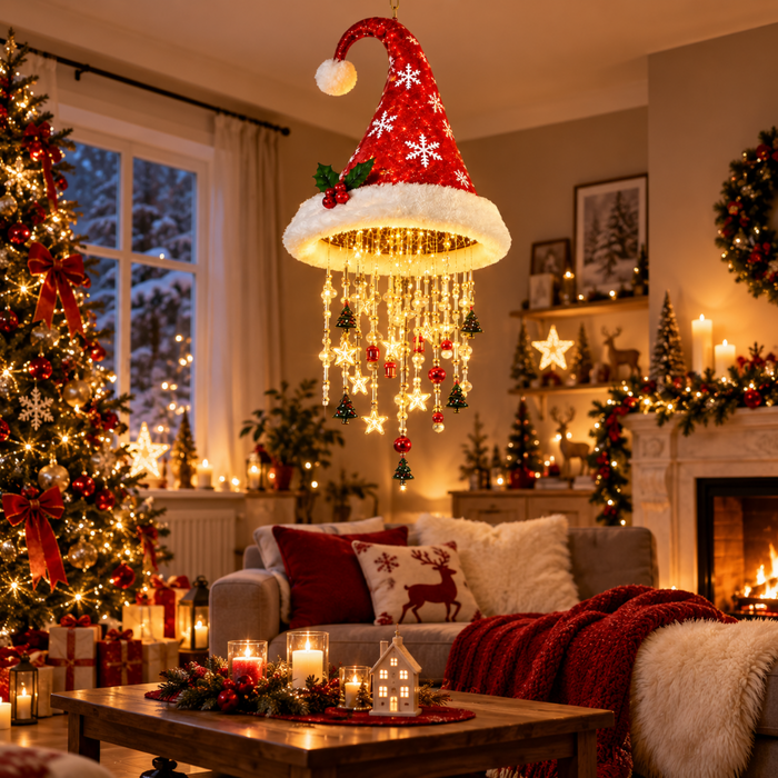 Suspension lumineuse chapeau de Père Noël intégrée dans une décoration de Noël chaleureuse