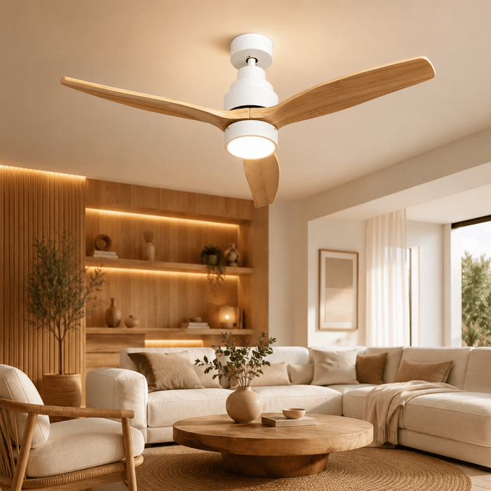 Ventilateur de plafond Mellerware design bois clair avec télécommande et éclairage LED silencieux pour chambre à coucher