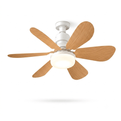 Vue de face ventilateur de plafond avec lumière et télécommande