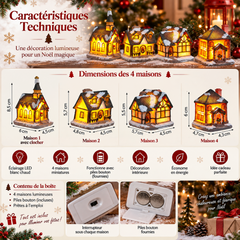 Village de Noël lumineux avec quatre maisons miniatures LED, dimensions détaillées de chaque maison, éclairage blanc chaud, alimentation par piles bouton et interrupteur intégré.