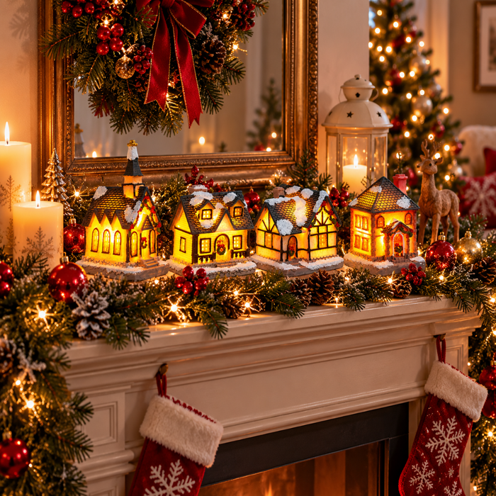 Quatre maisons miniatures lumineuses alignées sur une cheminée dans une élégante décoration de Noël avec branches de sapin, boules rouges, guirlandes lumineuses et décorations festives.