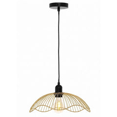 Plafonnier design noir et or avec abat-jour en forme de feuille en métal doré, idéal pour salon ou chambre, suspension élégante.